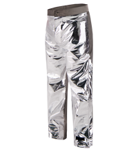 The Lac-Mac Aluminized Protective Pant 710MA, designed for molten and heat protection, features a metallic silver finish with button and zip closure and is displayed against a white background.