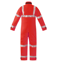 The Lac-Mac Chemical Splash Protective Coverall 763A-BH protects against non-flammable liquid chemical hazards. Shown from the back in red GORE-TEX® fabric with silver reflective stripes for high visibility, safety, and durability.
