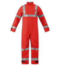Lac-Mac Chemical Splash Protective Coverall 763A-BH, made from GORE-TEX® fabric, protects against non-flammable liquid chemicals and features reflective silver stripes for high visibility in industrial environments.