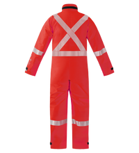 The image shows the Lac-Mac Chemical Splash Protective Coverall (763A-BJ) for non-flammable liquid hazards, featuring reflective silver stripes on the back, arms, and legs, displayed from the rear against a white background.