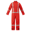 The Lac-Mac Chemical Splash Protective Coverall 763A-BJ features reflective stripes, long sleeves, front zipper, and adjustable cuffs. Designed for safety or industrial use against non-flammable liquid chemical hazards.