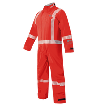 The Lac-Mac Chemical Splash Protective Coverall 763A-BJ is a red suit with white reflective stripes, crafted for non-flammable liquid chemical hazards from durable splash-resistant fabric.