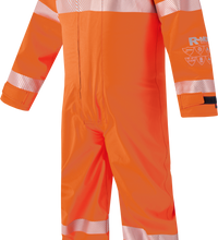 The Lac-Mac Chemical Splash Protective Coverall 763A-BH safeguards against non-flammable liquid chemical hazards with reflective stripes, front zipper, Velcro cuffs, and chest pocket for high-visibility work safety.