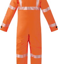 Back view of the Lac-Mac Chemical Splash Protective Coverall 763A-BH in orange with silver reflective stripes; NFPA 1990 certified for protection against non-flammable liquid chemical hazards.