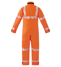 The Lac-Mac High-Visibility Multi-Haz Protective Coverall (763ZABH) for flammable liquid chemical hazards is shown from the back displaying its bright orange, flame-resistant fabric and reflective silver stripes against a plain white background.