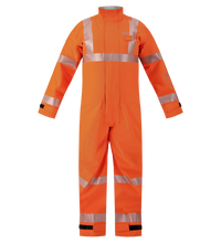 The Lac-Mac High-Visibility Multi-Haz Protective Coverall (763ZABH), designed for flammable liquid chemical hazards, is bright orange with reflective silver stripes on the chest, arms, and legs, shown against a plain white background.