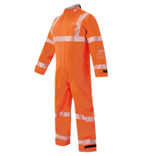The Lac-Mac High-Visibility Multi-Haz Protective Coverall 763ZABH offers bright orange flame resistance and reflective stripes for industrial safety against flammable liquid chemical hazards.