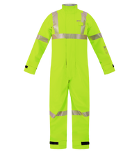 The Lac-Mac High-Visibility Multi-Haz Protective Coverall, model 763ZABJ, for flammable liquid chemical hazards, features a yellow flame-resistant design with reflective stripes on arms, chest, and legs, shown on a plain white background.