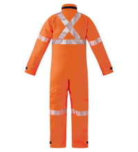 Back view of the Lac-Mac High-Visibility Multi-Haz Protective Coverall (763ZABJ) in orange, featuring silver reflective stripes on arms, legs, chest, waist, and an "X" on the upper back; suitable for flammable liquid chemical hazards.
