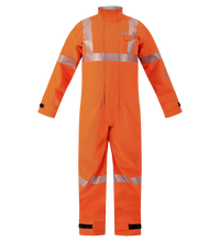The Lac-Mac High-Visibility Multi-Haz Protective Coverall (763ZABJ) for flammable liquid chemical hazards is shown on a plain white background, featuring reflective stripes for enhanced visibility and flame resistance.