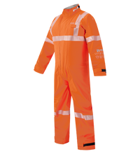 The Lac-Mac Limited High-Visibility Multi-Haz Protective Coverall 763ZABJ offers safety and visibility in hazardous areas, with bright orange fabric and reflective stripes, designed for flammable liquid chemical hazards.