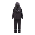 The Lac-Mac, Limited 75 Cal. Switch Suit Kit, 800KA is a dark arc flash suit with reflective stripes, long pants, long sleeves, and a hood featuring a mesh visor. It offers PPE Category 4 and 75 cal arc protection. Shown on a white background.
