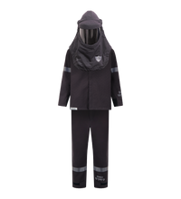 The Lac-Mac, Limited 75 Cal. Switch Suit Kit, 800KA is a dark arc flash suit with reflective stripes, long pants, long sleeves, and a hood featuring a mesh visor. It offers PPE Category 4 and 75 cal arc protection. Shown on a white background.