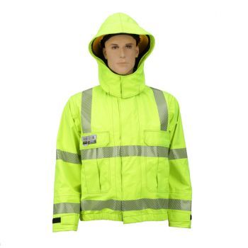 Jacket, Detachable Hood, Fall Protection Back Access, Segmented U.S. Reflective Markings (Silver), High-Visibility Yellow